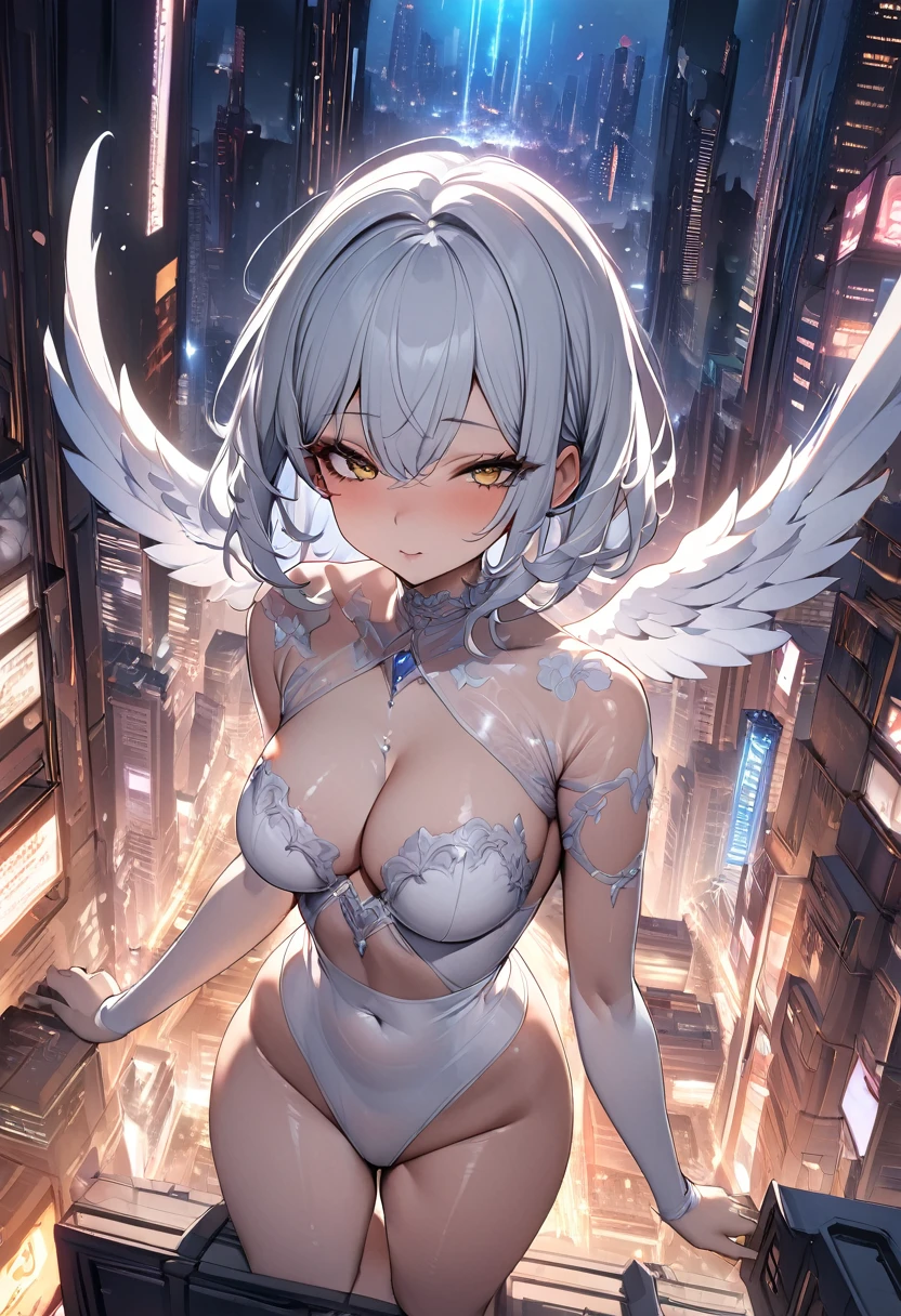 (8k, Highest quality, masterpiece:1.2),(Highest quality:1.0), (Ultra-high resolution:1.0), The image depicts a female angel floating above a city at night.。. The city lights shine golden、Create a dramatic atmosphere, Its delicate presence and black feathers contrast with the urban environment.。. Women seem protective and cautious., Glowing Skin, , rtrophto1,