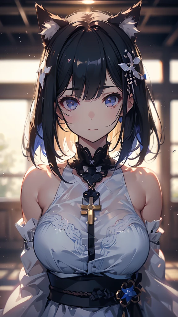 (8K, RAW photos, best quality, masterpiece:1.2), lexistdexist (Azur Lane), fantasy_world, 1 girl, (Egiosar:1), Lovely, senility, (Japanese Pop_Idol), Delicate and beautiful skin, Huge breasts, Animal ears, Black Hair, Cat ears, Gray eyes, short hair, sad hand exist own Face, (Reality:1.8), Key Points_exist_Face, look down, Raise your arms, Sunshine Milk, professiexistal lighting, photexist mapping, Radiosity, Physically Based Rendering, daytime, outdoor,