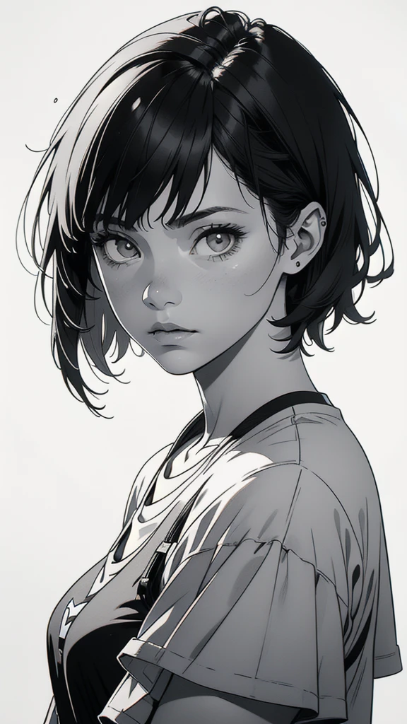1 boyish girl, solo, sharp eyes, expressionless, monochrome, greyscale, short black hair, portrait, white T-shirt, closed mouth, looking at viewer, graphite \(medium\), detailed lips, hatching \(texture\), without makeup, bangs, upper body, (best illustration), (best quality), (very detailed), (masterpiece), expressionless,