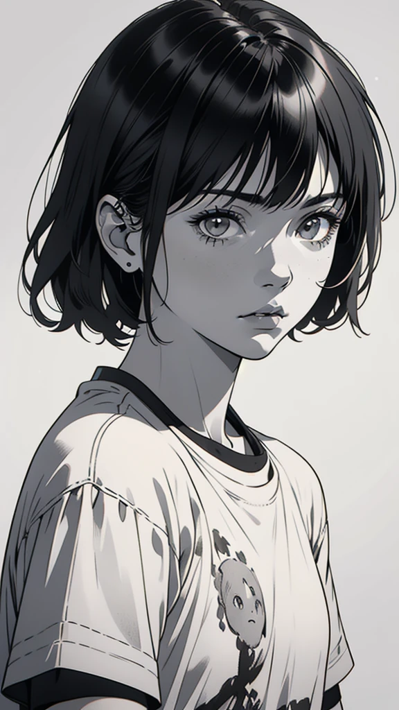 1 boyish girl, solo, sharp eyes, expressionless, monochrome, greyscale, short black hair, portrait, white T-shirt, closed mouth, looking at viewer, graphite \(medium\), detailed lips, hatching \(texture\), without makeup, bangs, upper body, (best illustration), (best quality), (very detailed), (masterpiece), expressionless,