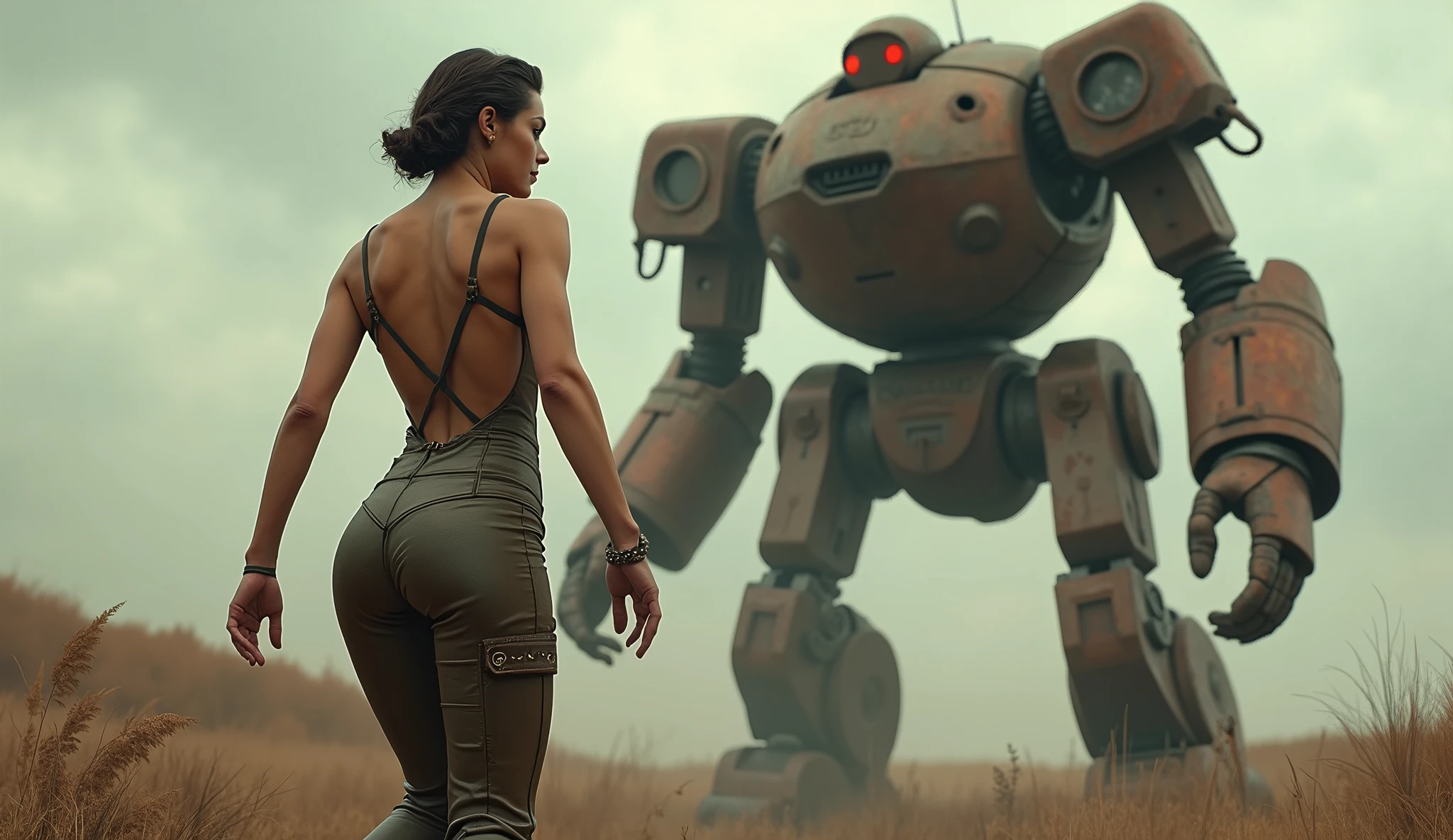 (masterpiece, UHD. Photorealistic. Analog photography.1950 style.) in a dystopian Neo retro futuristic world. (Facing view) An ultra hot gorgeous European woman. Age 23. Epic cleavage (100e size). A warrior in luminous armor battles a mechanical 1930 clunky and rusty colossus evil war robot with glowing eyes in a desolate wasteland. Late evening light.