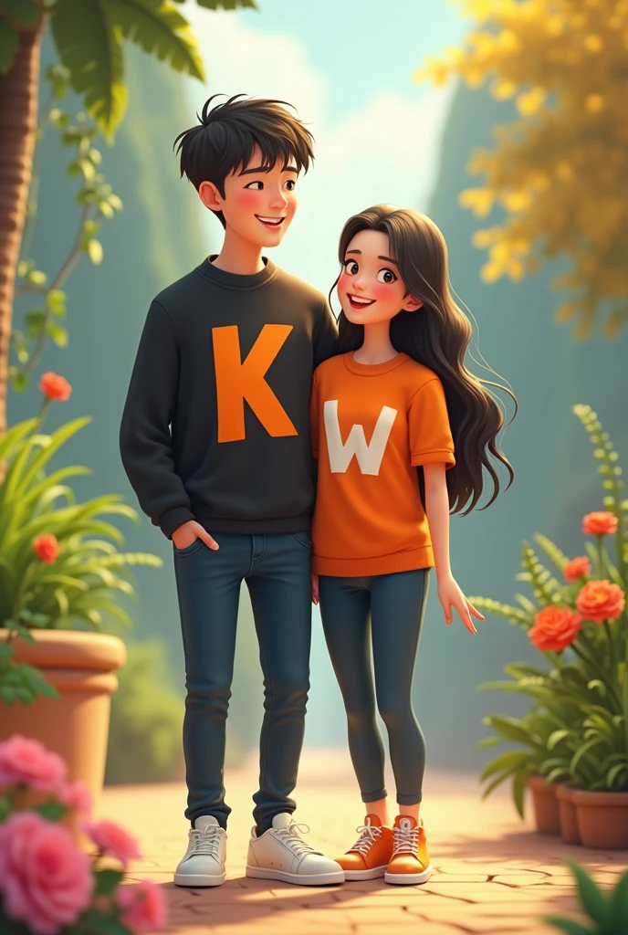 A man wearing a black sweater with an orange letter K and white sneakers. A woman wearing an orange shirt with the letter W. It&#39;s a beautiful, cool 4K cartoon image of Thailand. They&#39;re posing to show their love.