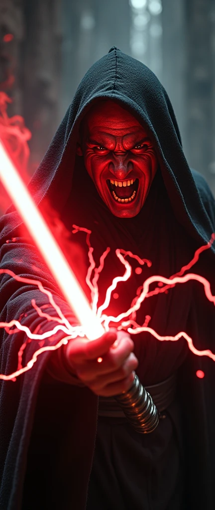 A photorealistic depiction of a furiously raging Sith lord, his face contorted in wrath, power emanating from his outstretched hands in crackling lightning bolts towards the viewer. The image is rendered in exquisite detail, with realistic textures and lighting that make the scene feel almost lifelike. The Sith lord's menacing appearance is heightened by the vivid, electric sparks illuminating the dark surroundings, creating a striking contrast between light and darkness. Every fold of his dark robes, every twitch of his facial muscles, is captured with uncanny realism, drawing the viewer into the intense, high-stakes moment.