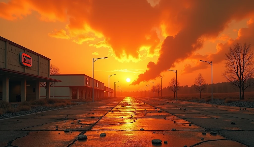orange background, destroyed parking lot without cars. Ruin. maximum realism