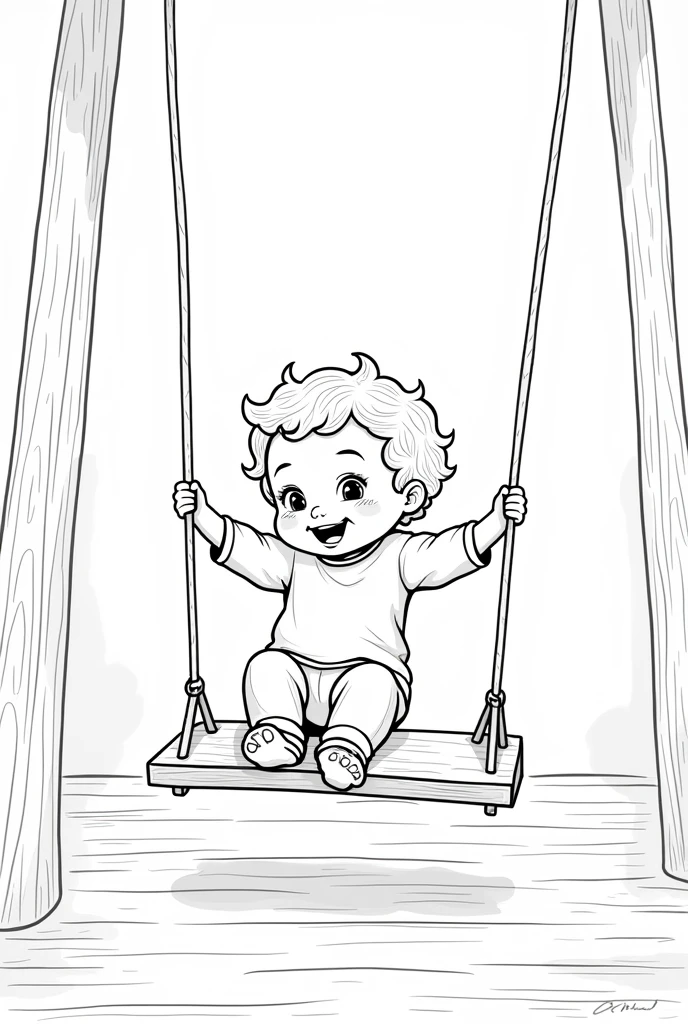 Coloring page of a baby, short hair, many curls. On a parquet playing in a swing with his dad