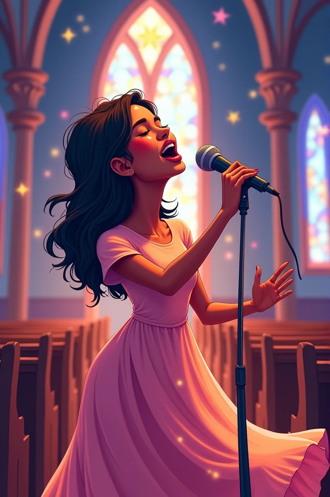 A woman (cartoon with a dress)
singing in the church holding a microphone and deep socked in the spirit 

🎶"Tiga niwe Ngai Tiga Niwe.... 