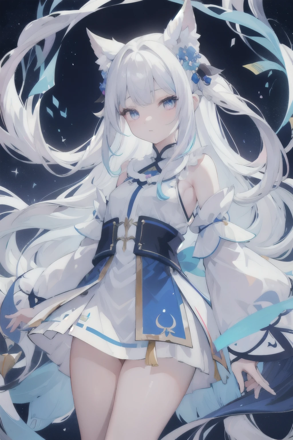 a young girl with long and fine wavy white hair, have a two-parted fringe with a hairstyle "Qingleng gan ce bian pijian fa" with each sky blue ribbon and dark blue rose in the braid with the ribbon tails folded, has a blue ruby diamond pattern eye type like Athanasia with pink gradation underneath has soft and smooth white skin