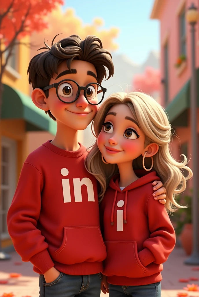 Tall Man, red sweatshirt with initial "IN". Dark brown hair, Brown eyes, with glasses, beautiful smile, large eyes, semi bushy eyebrow, light brown skin. Woman with ash blonde hair, Long loose hair, small honey-colored eyes, pink lips, peach cheeks, red sweatshirt with initial "I". Disney Pixar style 