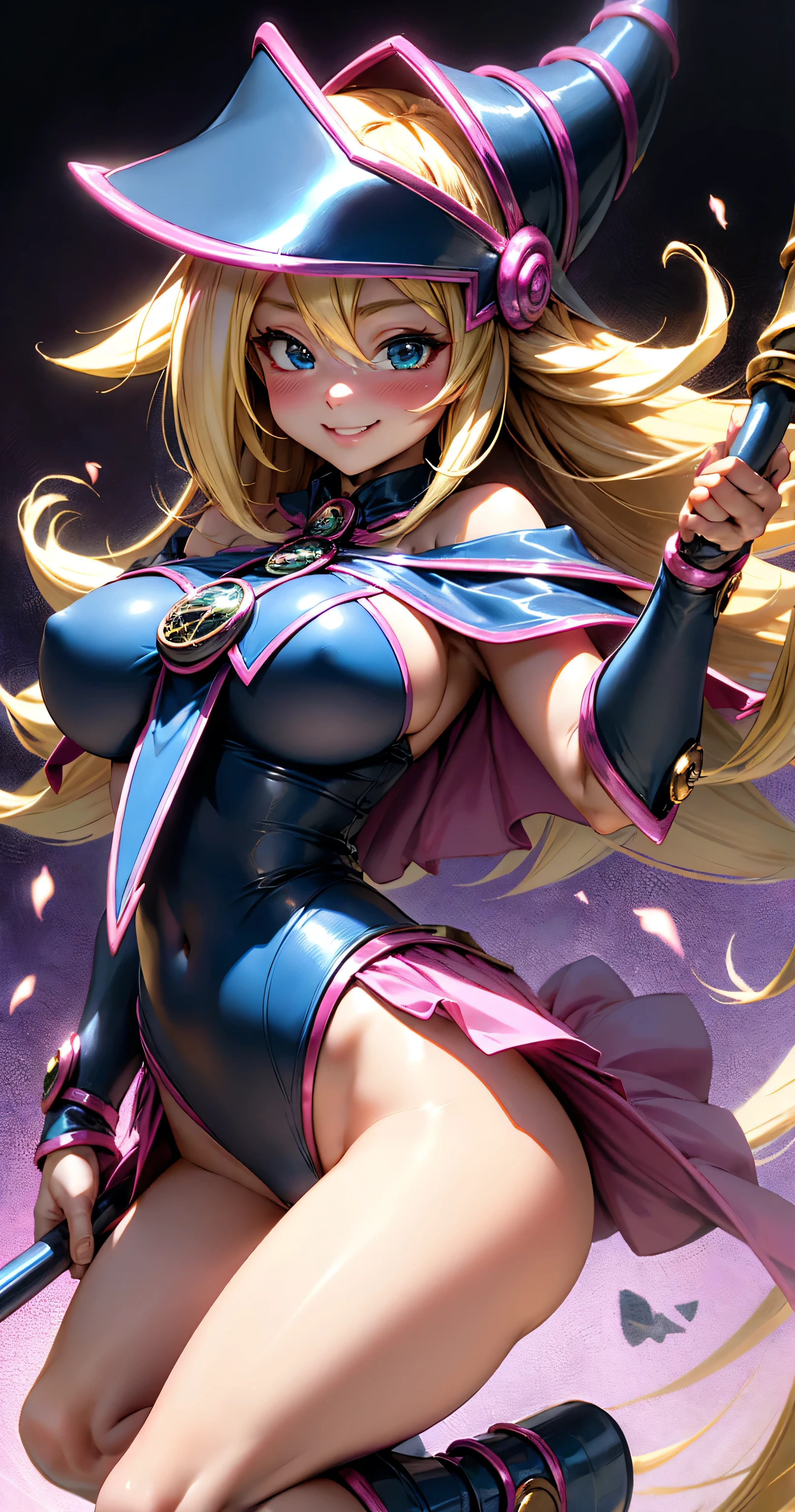 black magician girl、Super thick chest、very blonde hair、magic circle、8k, 4k, Of the highest quality, High resolution: 1.2),flicker、an exposed breast、cute anime face、pink blush on the cheeks.、noise removal、Leotard that bites、have a cane、Hold your cane(((very smiling)))