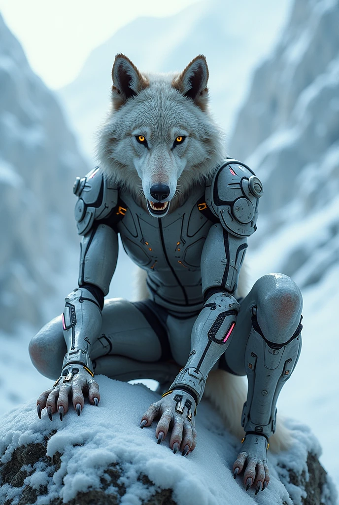 A cyborg costume human wolf sitting in the top of ice mountain and see in camera