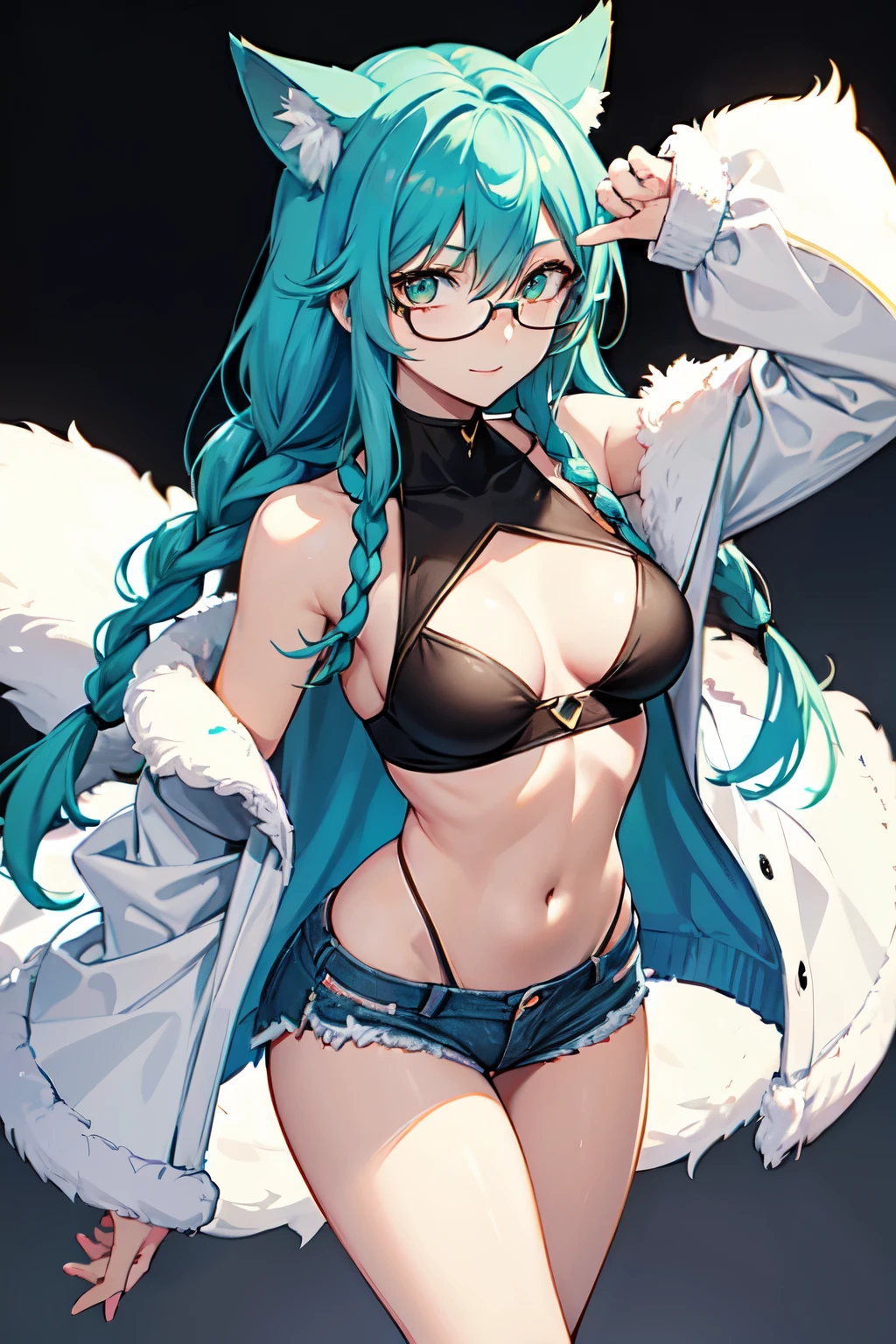 anime rtx, sharp, thighs level, warm colors, warm light, glasses, celan eyes, sweet face, gorgeus pale woman with light smile, turquoise hair color, long and wide twinbraids, standing dinamyc pose, only wear top a dark furry jacket that does not go below the ribs, little open, micro short jean, strip of thonge over hips, perfec body, chest cup d, simple background, void background