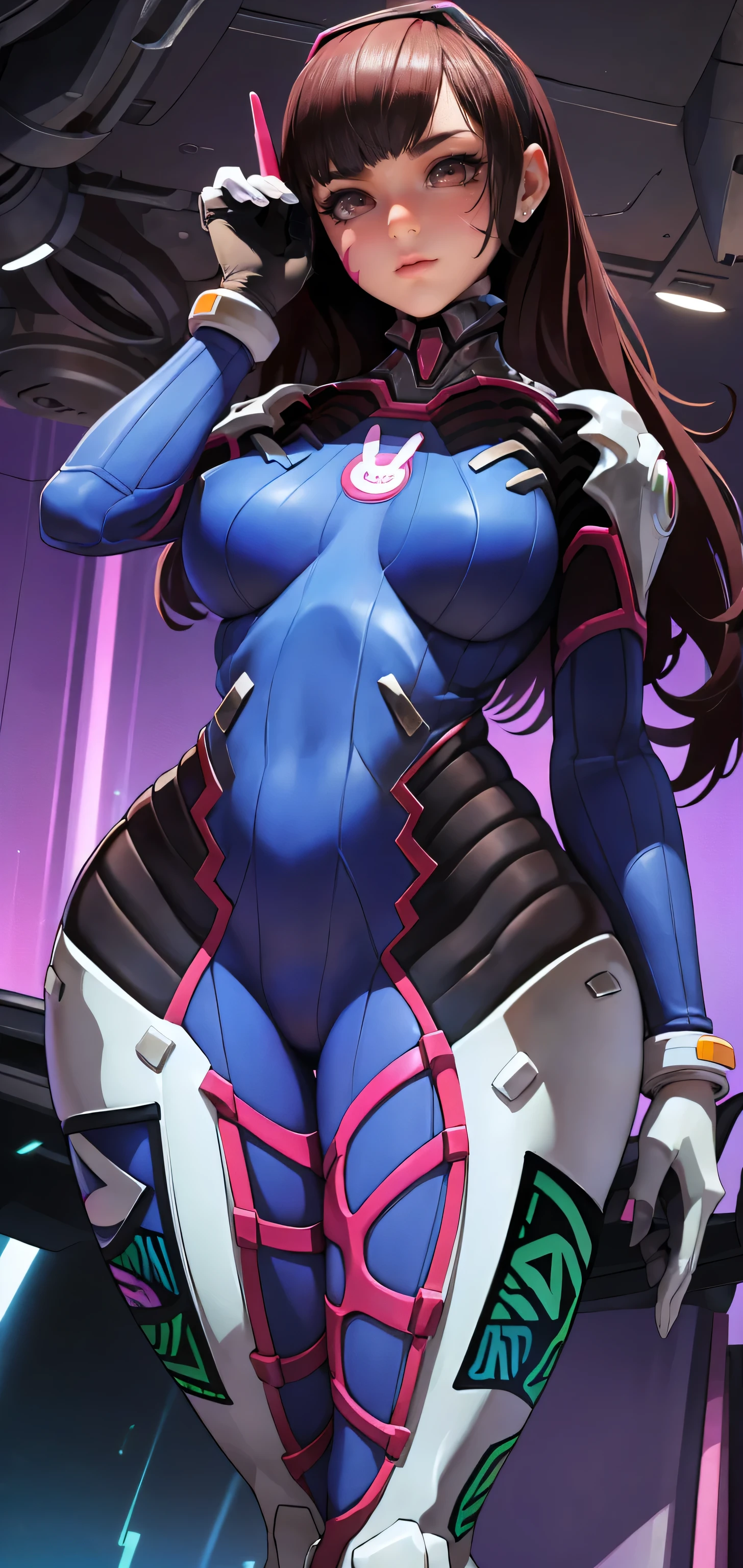 D.she is beautiful, sensual and sexy with her beautiful suit, with large breasts and wide hips, looking forward about to go out of the screen so close that you can perceive a futuristic city with many neon lights in the background. (((Let your full body be seen standing)))