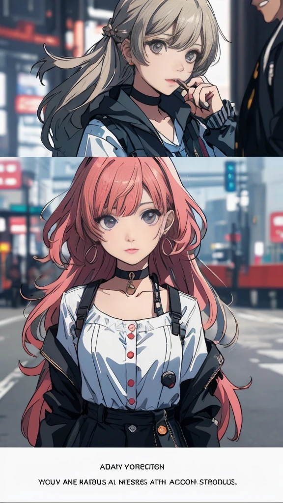 (Better Quality, first work:1.2) | Detailed Eyes:1.2 1 Female (Dynamic English, perspective, Long Hair) choker, shirt, オープンスウェットshirt, ear earrings, Food with buttons, Ribbon in hair, finely, first work.