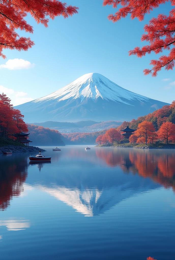 over Lake Kawaguchi during a crisp autumn morning. The mountain's iconic snow-capped peak is perfectly reflected in the calm, mirror-like waters of the lake. The surrounding trees are ablaze with vibrant red and orange autumn leaves, creating a striking contrast against the blue sky. A few small boats float peacefully on the lake, and a traditional Japanese pagoda is visible on the shore, adding a touch of cultural beauty to the natural scene. The air is clear and crisp, with the early morning l