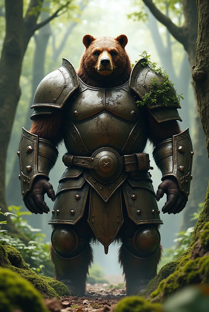 (Detailed) 1 bear, humanoid, in forest, heavy armour, scarred face