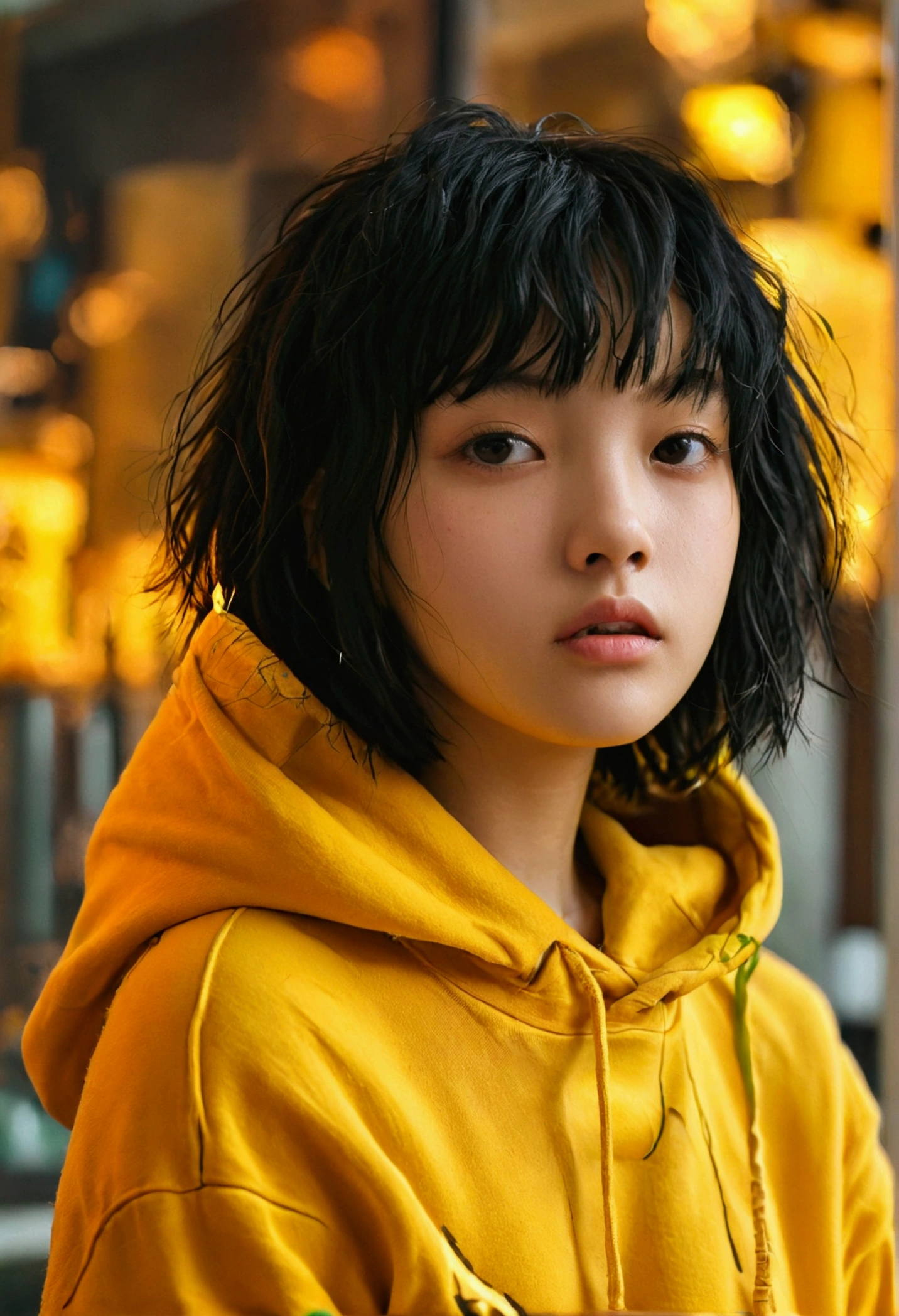 Wearing a yellow hoodie、A girl with short, messy bob hair、Black Hair