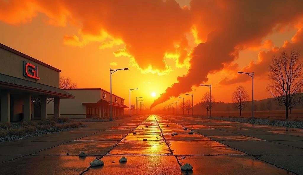 orange background, destroyed parking lot without cars. Ruin. maximum realism