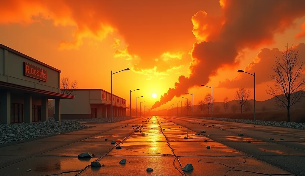 orange background, destroyed parking lot without cars. Ruin. maximum realism