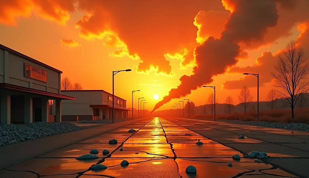 orange background, destroyed parking lot without cars. Ruin. maximum realism