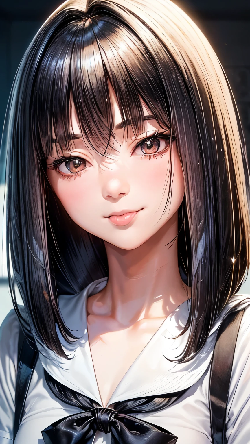 A  Japanese innocent and  mature lady ((small breast , slender)), jet black short hair((blonde color highlights))((shaggy forelock:1.5)),(( school sailor uniform )), sparkly cyan big round droopy eyes, gentle and calm smile((tongue out a bit)), mature face, gentle and  mature atmosphere, noble posing, (( face focus:1.4)),((best quality))