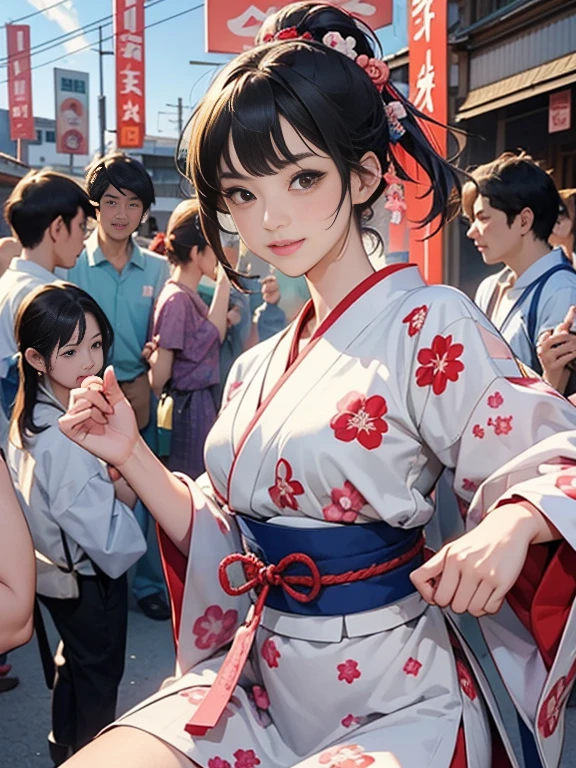 (Japan Bon Odori,最高masterpiece,Highest quality), Hot August,Bright vibrant anime art,People of all ages and genders dance and dance,  Let&#39;s dance in yukata,Dancing with laughter,  Men and women, let&#39;s dance in a circle, dancing hero,Laugh Laugh,Dance Dance,Dancing in the square,masterpiece,Highest quality,High resolution,