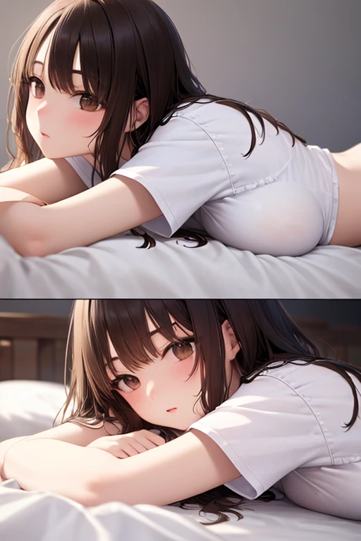 ((Highest quality)), ((masterpiece)), (detailed), One person, Side angle、high school girl、Brown Hair、Big Breasts、bed、Lying down、Lying down、White short sleeve shirt