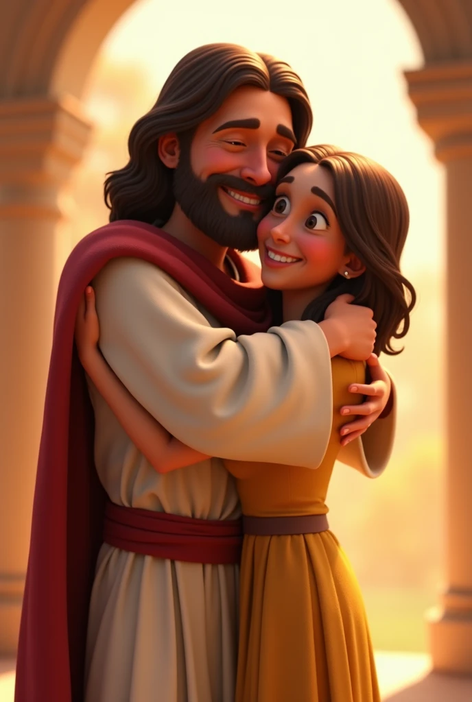 jesus hugging his friend pixar 3d drawing style