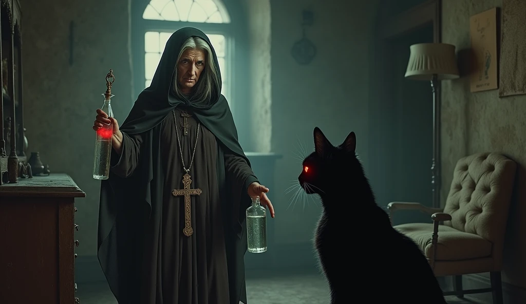 A very old lady dressed as a healer holds a bottle of holy water in one hand and a crucifix in the other hand., before a sinister presence in the form of a black cat with red eyes that lurks, The place is an old room in a house.