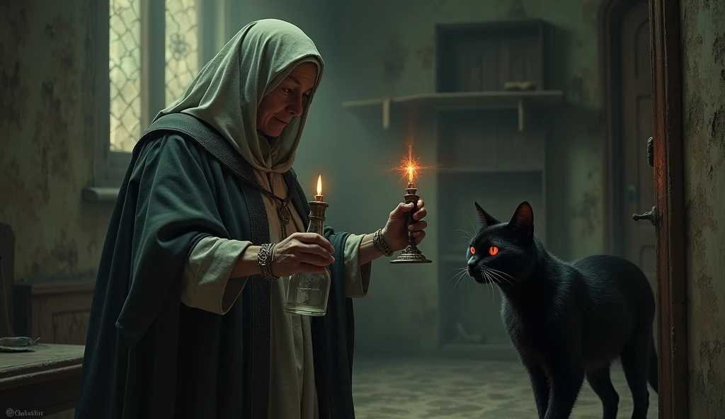 A very old lady dressed as a healer holds a bottle of holy water in one hand and a crucifix in the other hand., before a sinister presence in the form of a black cat with red eyes that lurks, The place is an old room in a house.