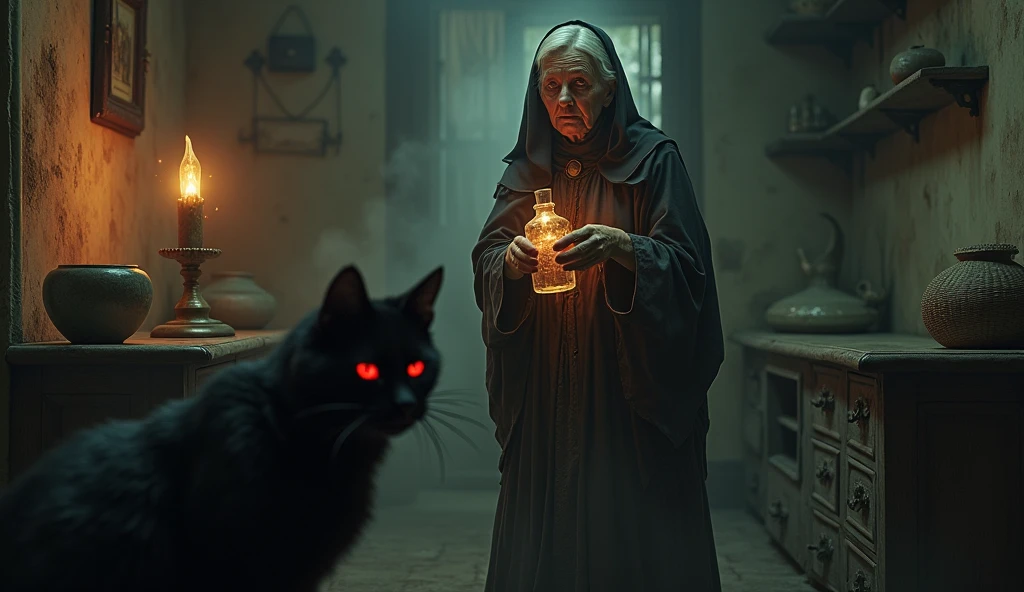 A very old lady dressed as a healer holds a bottle of holy water in one hand and a crucifix in the other hand., before a sinister presence in the form of a black cat with red eyes that lurks, The place is an old room in a house.