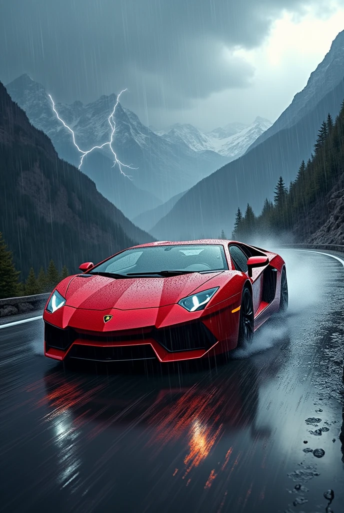 A red Lamborghini was driving on a mountain road while it was raining heavily. Lightning flashed, and the entire sky was dark and stormy.
