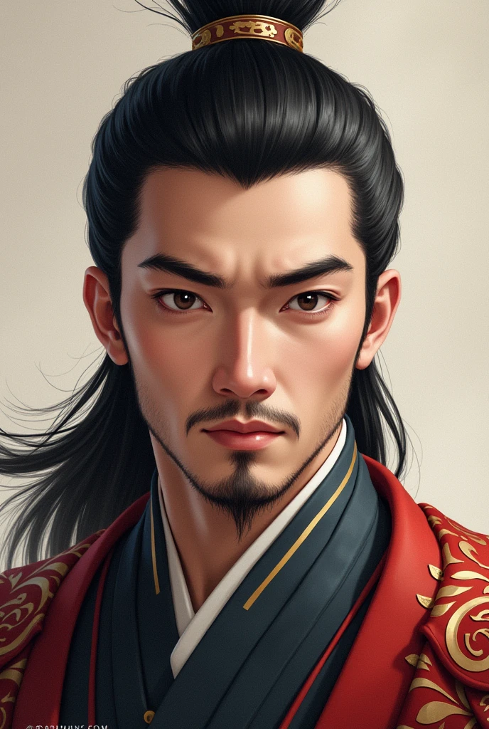 a handsome boy ,Cao Cao , fitness,black hair and light eyes 