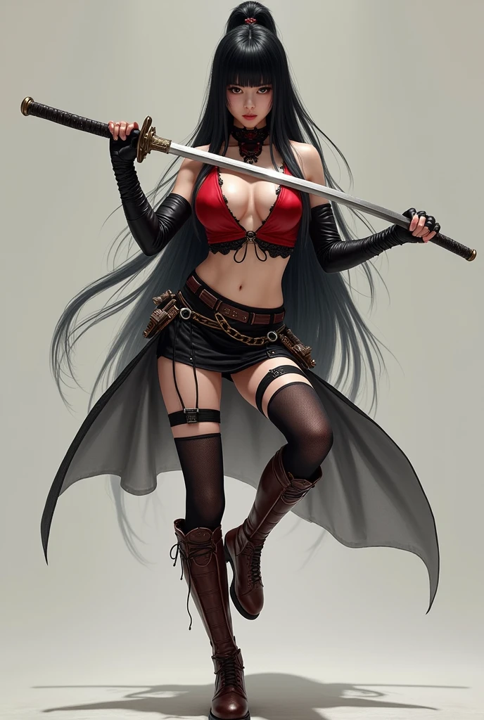  a female character with long black hair, straight hair without curls, Japanese hime hairstyle, pale skin and steely black eyes, exuding a calm, dynamic posture, one leg bent up while holding a long sword across her body, wearing a rather thin and hip-length red high-necked tank top, very short black leather skirt, fishnet stockings on the left leg, black thigh-high stockings on the right leg, brown high boots