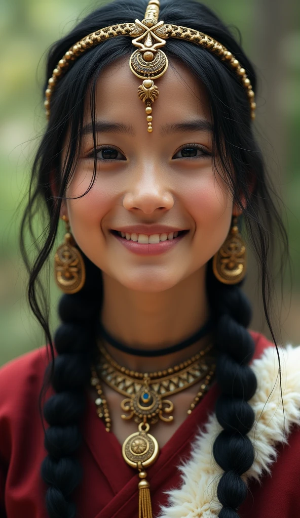 A girl, long braids, Indian girl, close-up, slightly raised head, smile, bust photo, upper body, appearance Yang transcendence, gorgeous Tibetan costume, cumbersome Tibetan necklace, cumbersome Tibetan headdress, fluff on clothes, white animal flull, real person CG, sweet style, film style, HD 4K