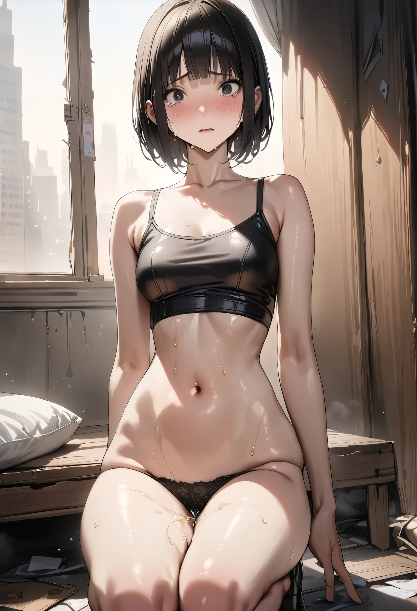 ((masterpiece,best quality anime,Highest quality:1.3)),realistic,cowboy shot,1woman,(30 year old beauty),((very small head:1.4)),((very long body:1.4)),((short bob hair)),black hair,(gorgeous big eyes),black eyes,tears,shy,((slender body:1.4,skinny:1.3)),medium breasts,Black tube top shirt、Crop length,navel、Black panties,Punk Fashion、Black leather shoes、(incontinence、peeing),squatting,spread legs,sweat,oily skin,gleaming skin,shiny skin,Ruined bedroom,New York City、