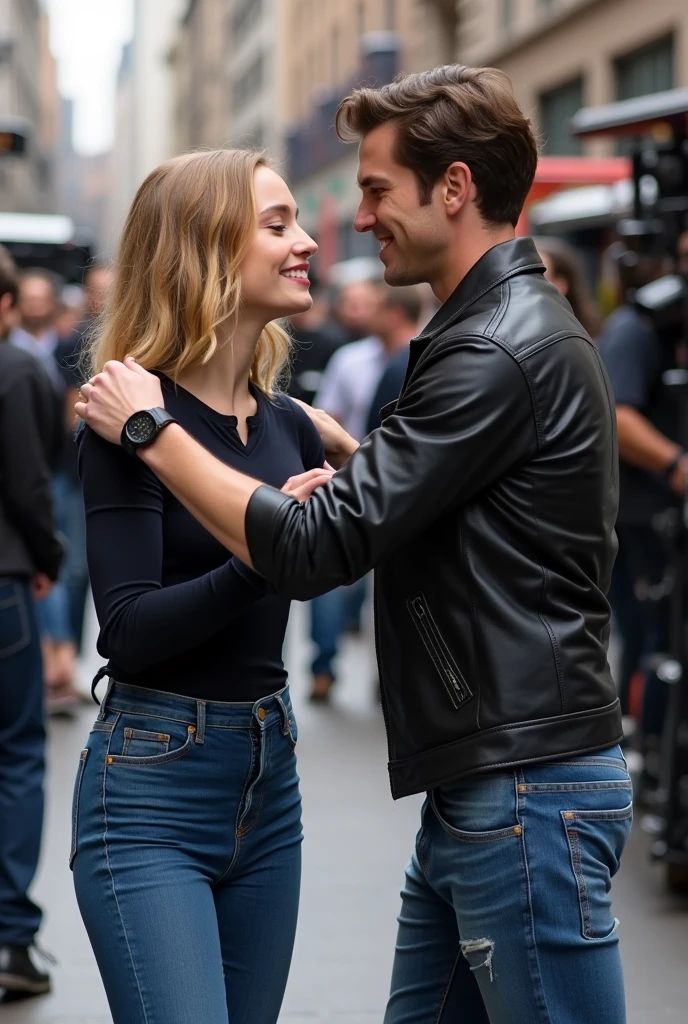 Sophie Turner was flirting with tom holland on a movie set was wearing very thight blue jeans.