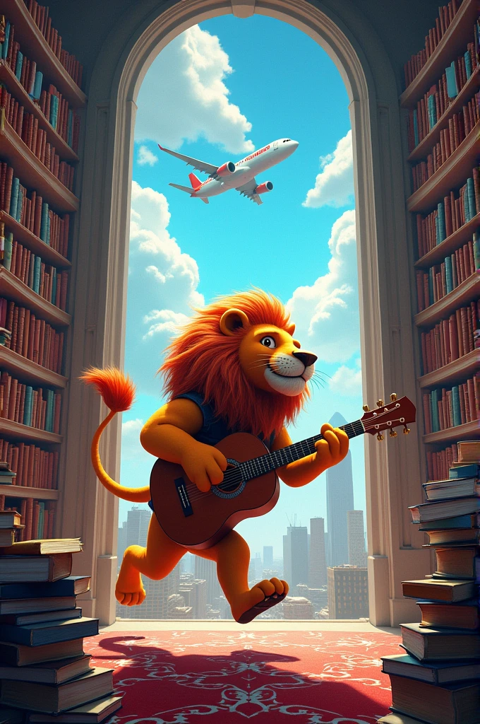 Create a bright library with walls full of books and a large window that shows a stunning view of the city. outside, A plane flies high in the blue sky. inside the library, A smiling lion runs with a guitar in his hand, as if inspired by music and reading. The scene is surreal and full of color and energy..