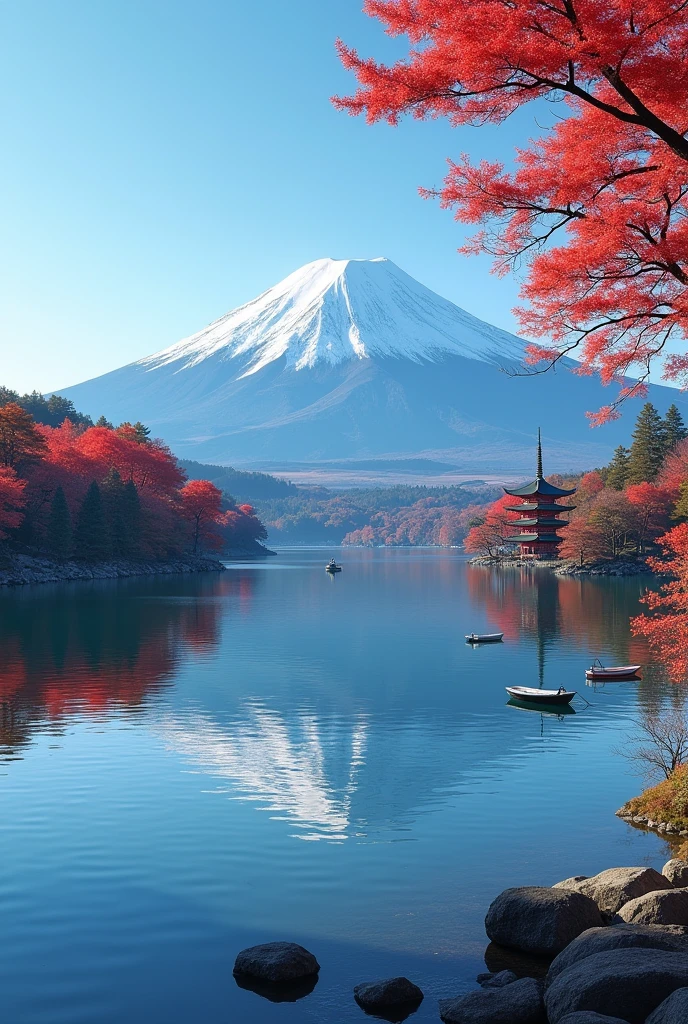 over Lake Kawaguchi during a crisp autumn morning. The mountain's iconic snow-capped peak is perfectly reflected in the calm, mirror-like waters of the lake. The surrounding trees are ablaze with vibrant red and orange autumn leaves, creating a striking contrast against the blue sky. A few small boats float peacefully on the lake, and a traditional Japanese pagoda is visible on the shore, adding a touch of cultural beauty to the natural scene. The air is clear and crisp, with the early morning l
