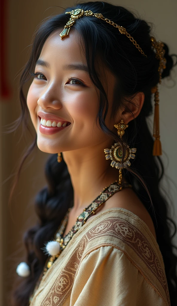 A girl, long braids, Indian girl, close-up, slightly raised head, smile, bust photo, upper body, appearance Yang transcendence, gorgeous Tibetan costume, cumbersome Tibetan necklace, cumbersome Tibetan headdress, fluff on clothes, white animal flull, real person CG, sweet style, film style, HD 4K