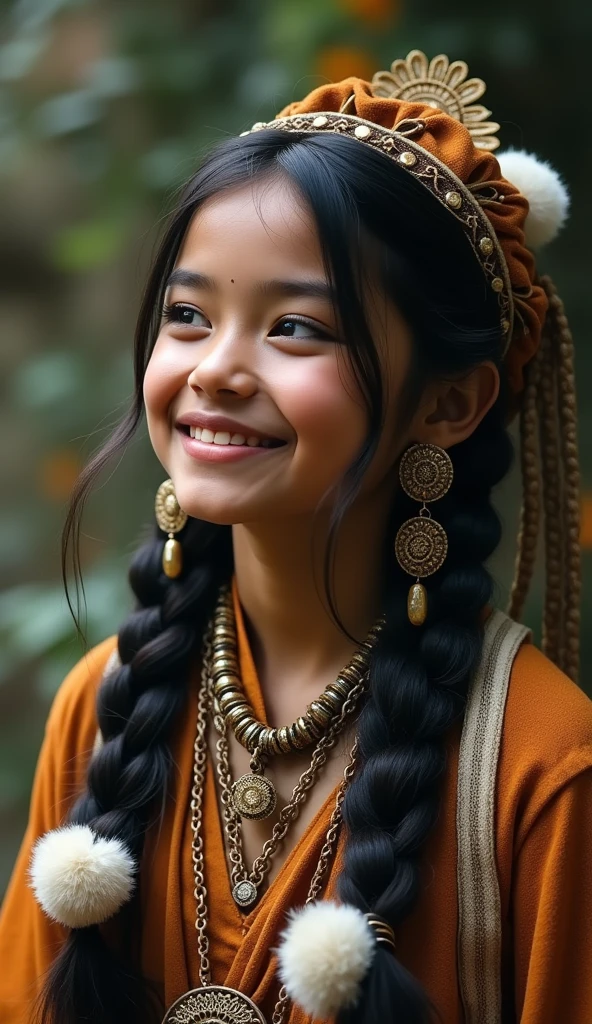 A girl, long braids, Indian girl, close-up, slightly raised head, smile, bust photo, upper body, appearance Yang transcendence, gorgeous Tibetan costume, cumbersome Tibetan necklace, cumbersome Tibetan headdress, fluff on clothes, white animal flull, real person CG, sweet style, film style, HD 4K