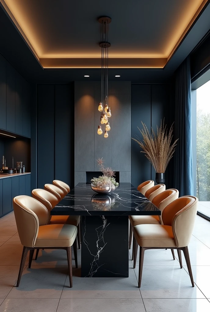 Professional 3d architecture rendering design of modern and minimal  dining room with so dark vintage blue  and dark beige  velvet  8 chairs and black slab stone marble table  modern  and modern ceiling lighting and 