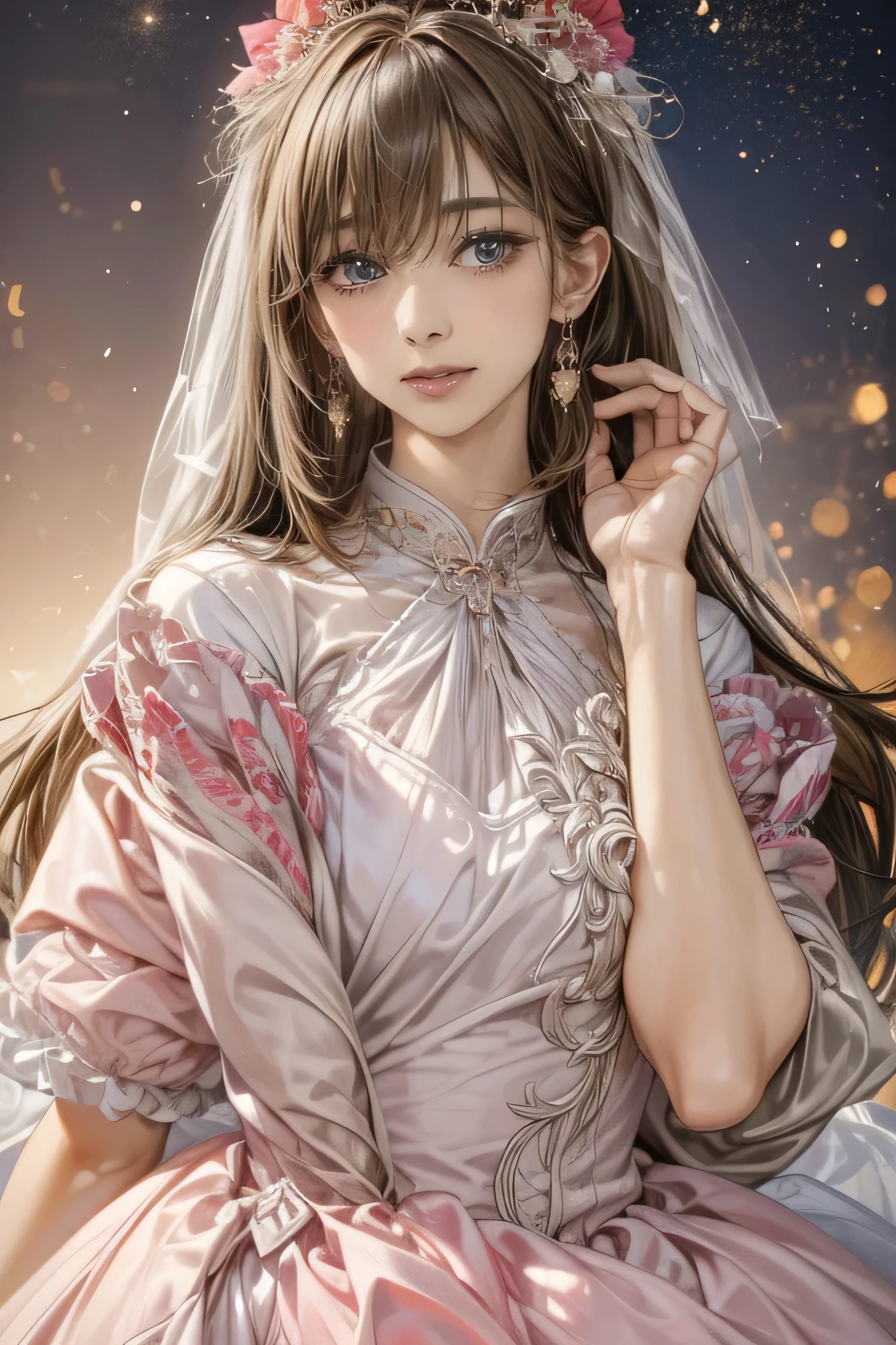 (Highest quality:1.4,masterpiece:1.4),Ultra-high resolution,8k,CG,Exquisite,Upper Body,,Thumb Girl,Little Princess,Taffeta coat dress,Floral Background,Detailed facial features,long flowing hair,Almond Eye,Exquisiteアイメイク,Long, fluttering eyelashes,Sparkling eyes and starry sky gaze,Delicate lip detail,Soft and harmonious style.