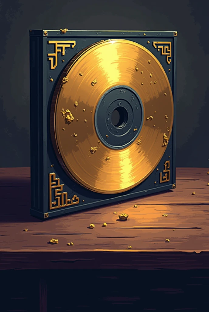 Pixel ART style, you can draw a gold CD in a thin black case like the devil with a little wear on top of a simple table, and with Indian letters on one side of the thin black record holder