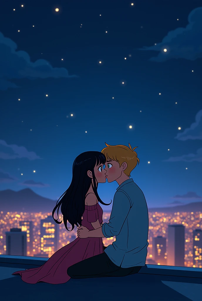 C'est une photo d'un couple entrain de s'embrasser en haut d'un toit devant un ciel étoilé. The girl has brown eyes and black hair with bangs and the boy is blond with turquoise eyes.. Version pixar 2d 