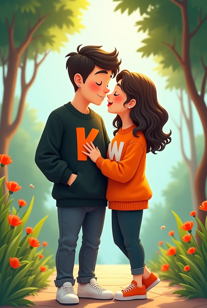 A man wearing a black sweater with an orange letter K and white sneakers. A woman wearing an orange shirt with the letter W. It's a beautiful, cool 4K cartoon image of Thailand. They're posing to show their love.