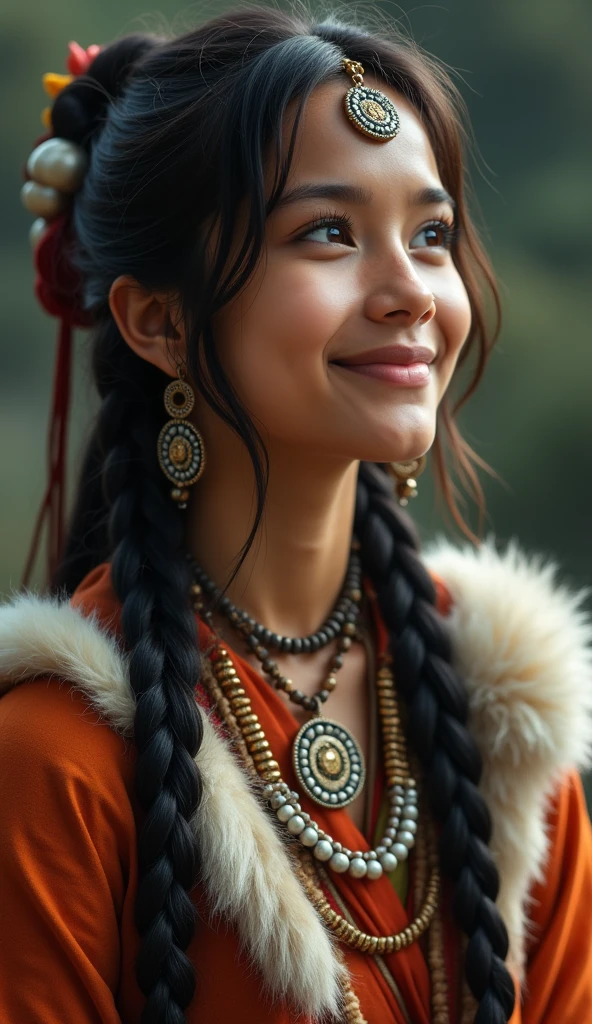 A girl, long braids, Indian girl, close-up, slightly raised head, smile, bust photo, upper body, appearance Yang transcendence, gorgeous Tibetan costume, cumbersome Tibetan necklace, cumbersome Tibetan headdress, fluff on clothes, white animal flull, real person CG, sweet style, film style, HD 4K