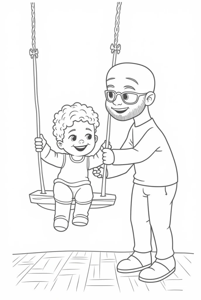 Coloring page of a baby, short hair, many curls. On a parquet playing in a swing with his dad, shaved head man with short beard and glasses