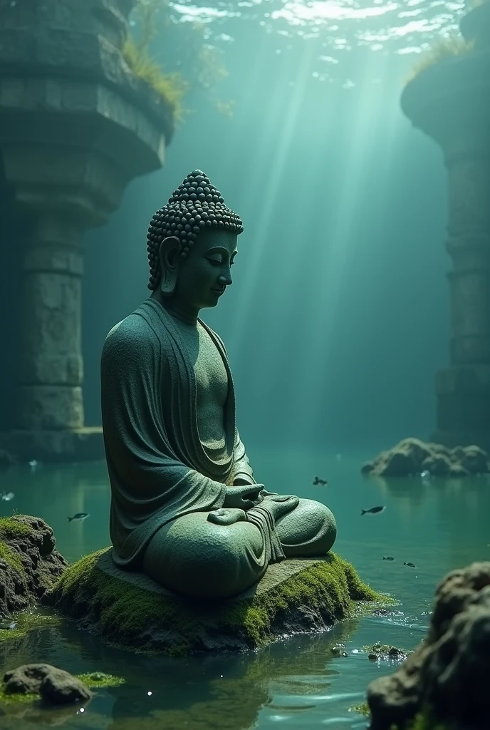 Sunken ancient ruins at the bottom of the lake、A simple stone Buddha statue has fallen askew and sunk.、Light from the surface of the sea、Backlight、humble little fish、algae、