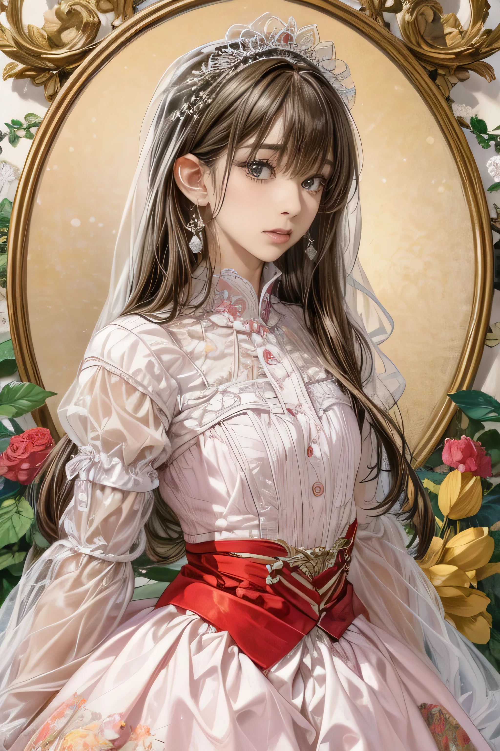 (Highest quality:1.4,masterpiece:1.4),Ultra-high resolution,8k,CG,Exquisite,Upper Body,,Thumb Girl,Little Princess,Taffeta coat dress,Floral Background,Detailed facial features,long flowing hair,Almond Eye,Exquisiteアイメイク,Long, fluttering eyelashes,Sparkling eyes and starry sky gaze,Delicate lip detail,Soft and harmonious style.