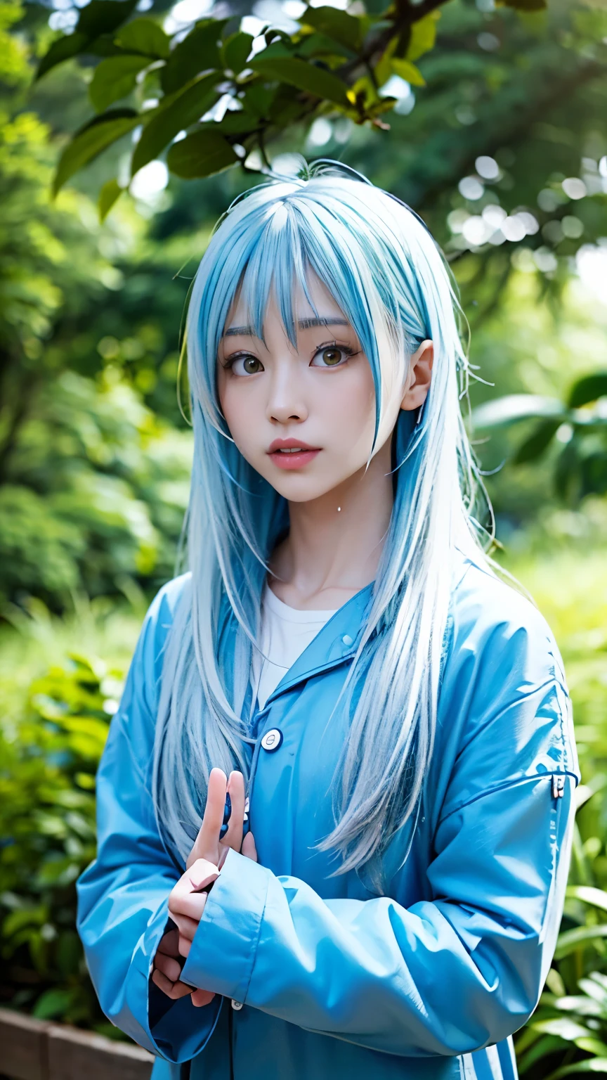 Rimuru=Tempest、Real、Upper Body、landscape、forest、anime、White skin、masterpiece、No matter how high quality、Put slime on your head、cloudy、Beautiful Boy、Androgynous beauty、Long Hair、